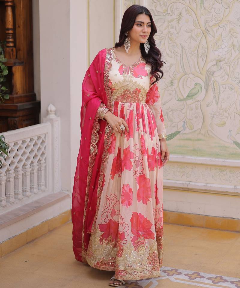 Pink color beautiful ceremonial embroidered partywear gown for beautiful looks
