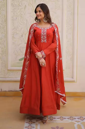 Rust color beautiful ceremonial embroidered partywear gown for beautiful looks