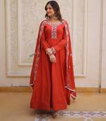 Rust color beautiful ceremonial embroidered partywear gown for beautiful looks