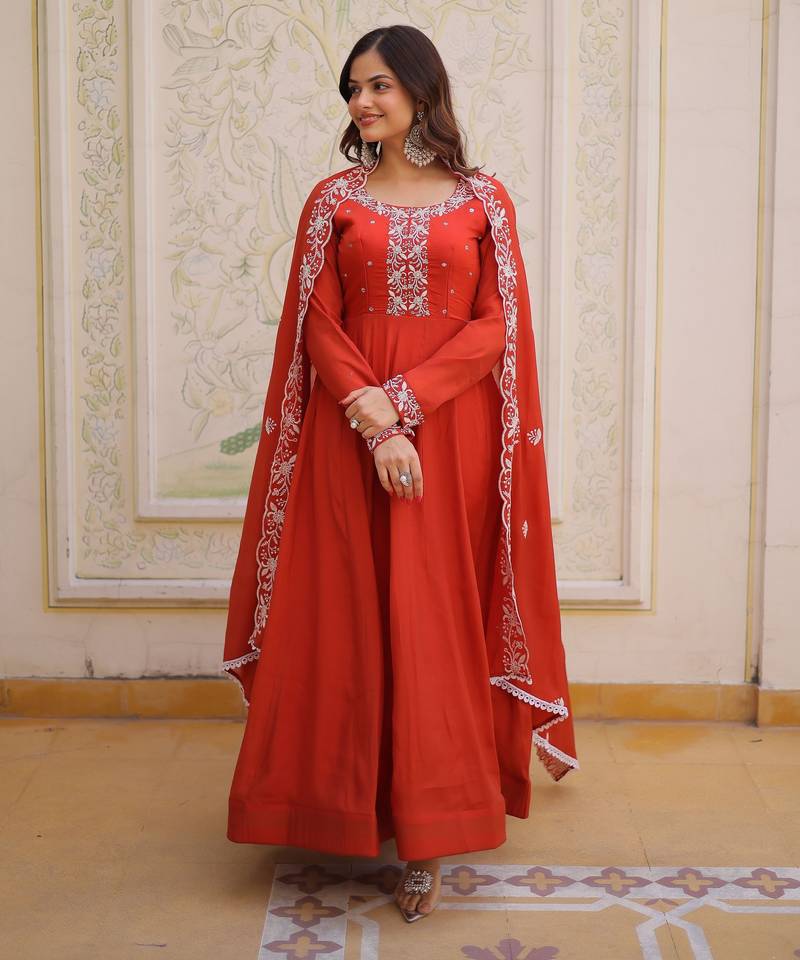 Rust color beautiful ceremonial embroidered partywear gown for beautiful looks