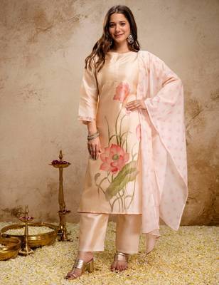 Cream color aasam silk partywear stitched suit 1