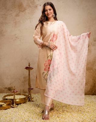 Cream color aasam silk partywear stitched suit 4