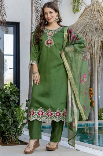 Green color chanderi fabric designer partywear stithed suit
