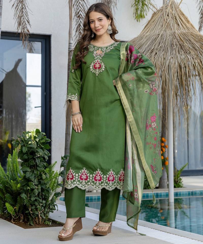 Green color chanderi fabric designer partywear stithed suit