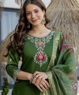 Green color chanderi partywear stitched suit 3