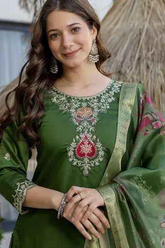 Green color chanderi partywear stitched suit
