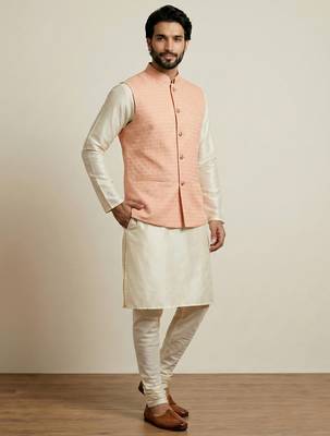 Beige  banarasi dupion premium designer festive wear kurta pyjama with jacket set 4