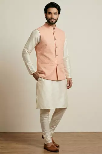 Beige  banarasi dupion premium designer festive wear kurta pyjama with jacket set