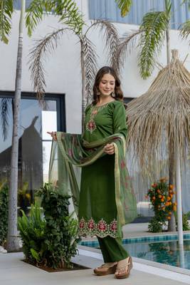 Green color chanderi partywear stitched suit 4