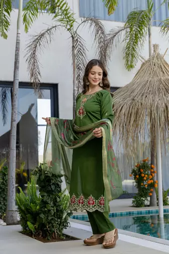 Green color chanderi partywear stitched suit