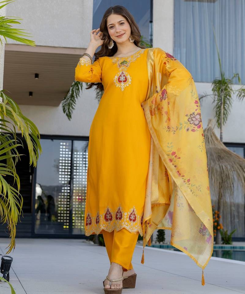 Yellow color chanderi fabric designer partywear stithed suit