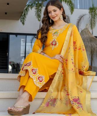 Yellow color chanderi partywear stitched suit 3