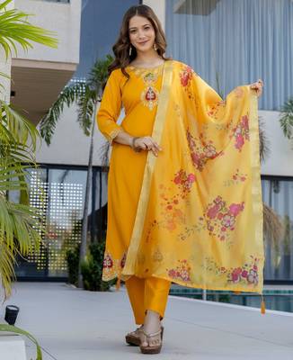 Yellow color chanderi partywear stitched suit 4