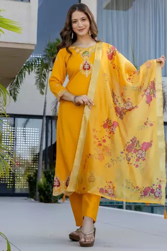 Yellow color chanderi partywear stitched suit