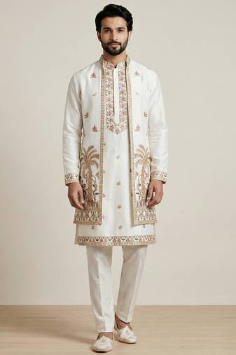 White doniyar shartin premium designer festive wear kurta pyjama with long jacket set