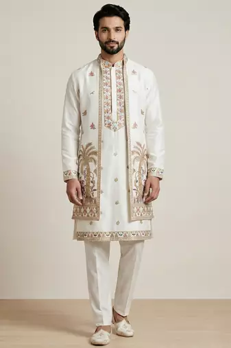 White doniyar shartin premium designer festive wear kurta pyjama with long jacket set