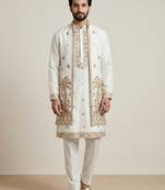 White doniyar shartin premium designer festive wear kurta pyjama with long jacket set