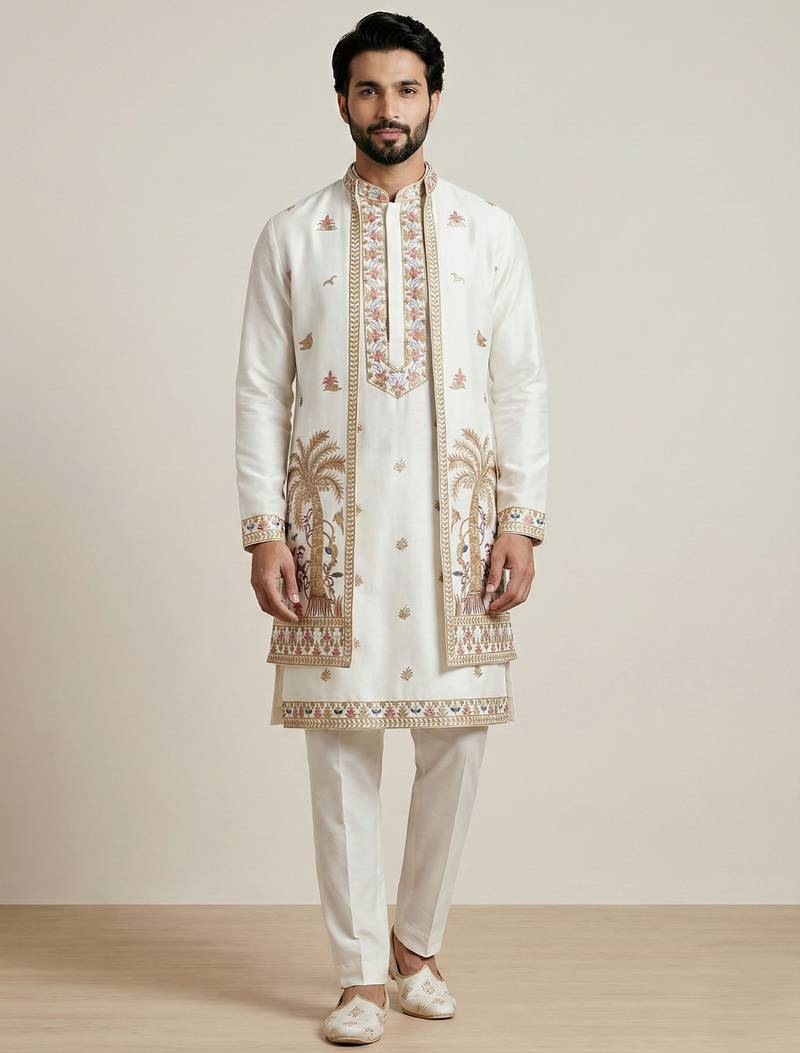 White doniyar shartin premium designer festive wear kurta pyjama with long jacket set