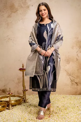 Black color aasam silk fabric designer partywear stithed suit