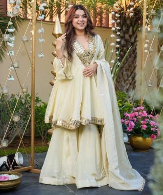 Cream color chinon partywear stitched suit 1