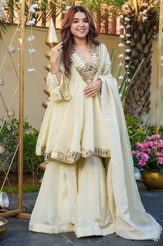 Cream color chinon fabric designer partywear stithed suit