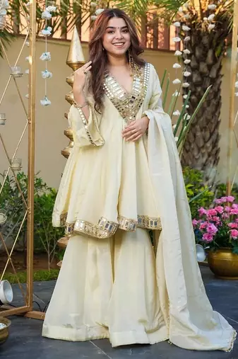 Cream color chinon fabric designer partywear stithed suit