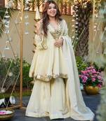 Cream color chinon fabric designer partywear stithed suit