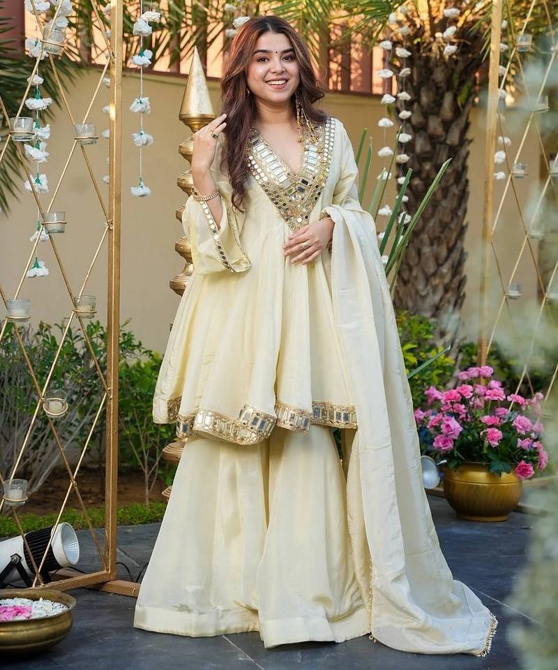 Cream color chinon fabric designer partywear stithed suit