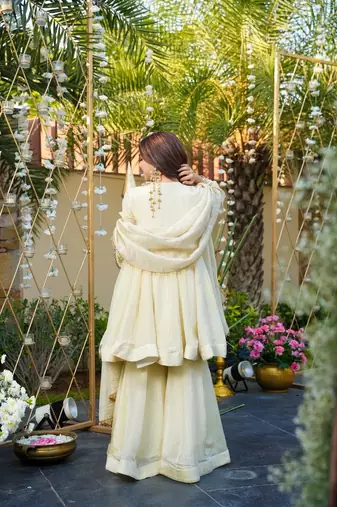 Cream color chinon partywear stitched suit