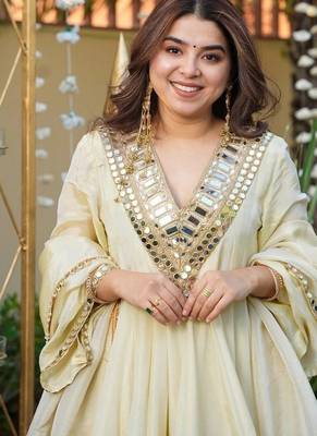 Cream color chinon partywear stitched suit 3