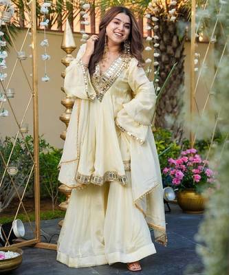 Cream color chinon partywear stitched suit 4