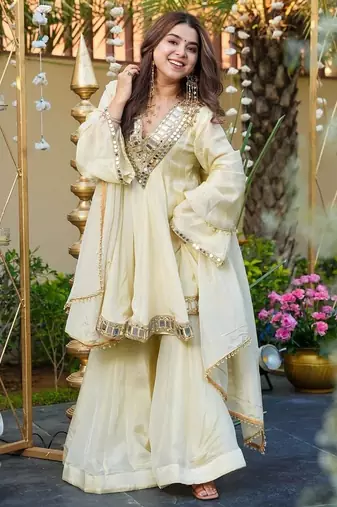 Cream color chinon partywear stitched suit