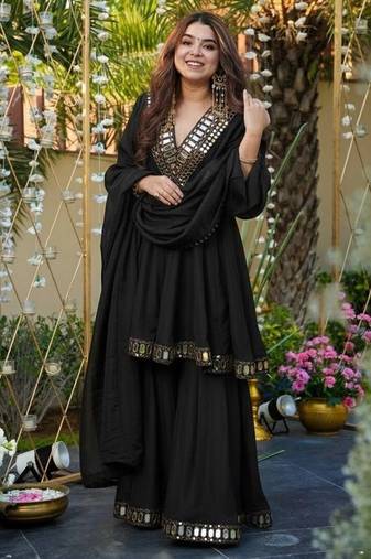 Black color chinon fabric designer partywear stithed suit