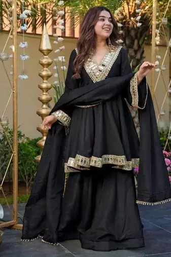 Black color chinon partywear stitched suit