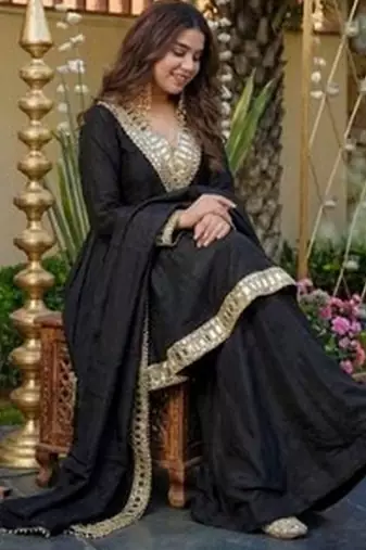 Black color chinon partywear stitched suit