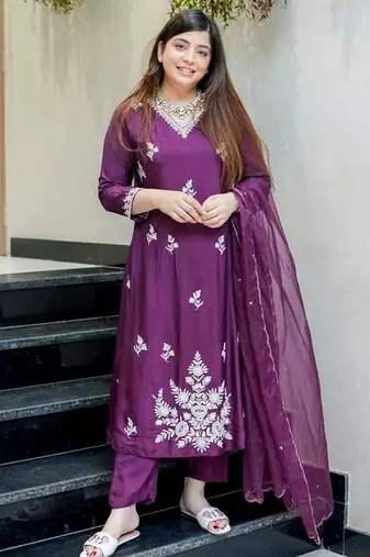 Purple color muslin fabric designer partywear stithed suit
