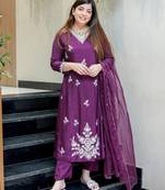 Purple color muslin fabric designer partywear stithed suit