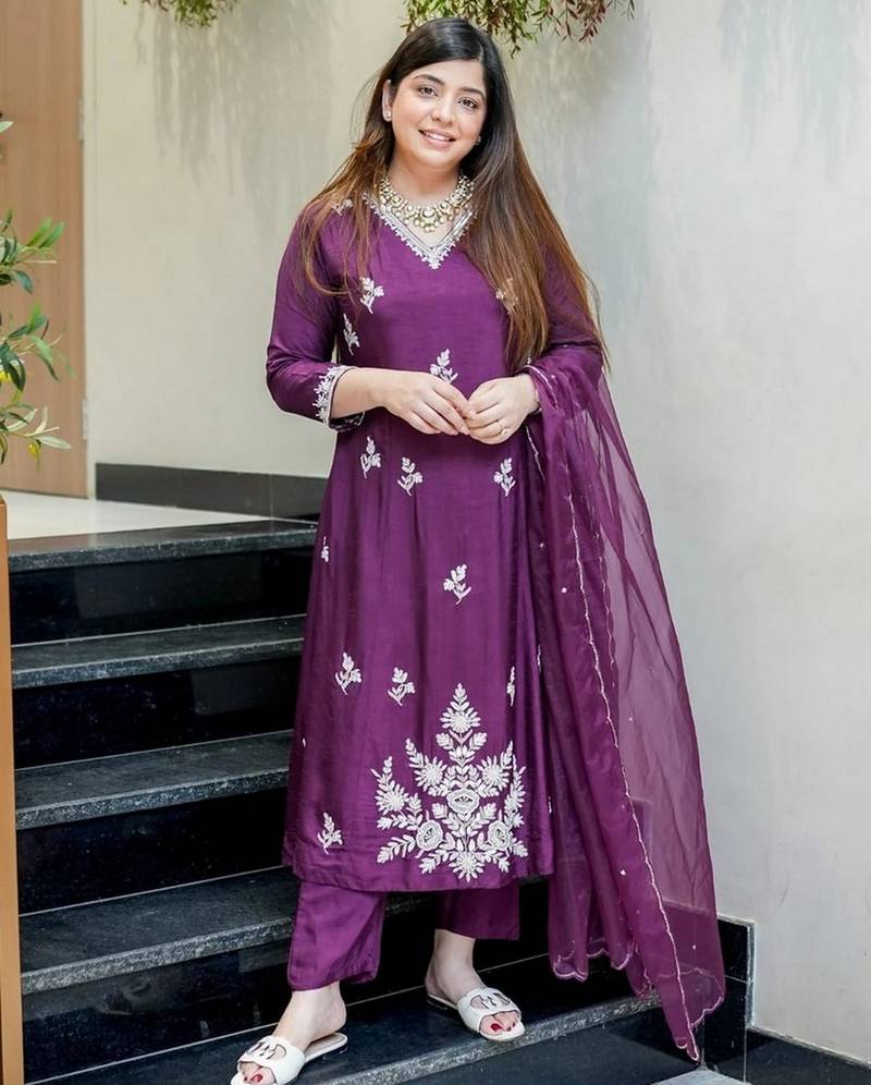 Purple color muslin fabric designer partywear stithed suit