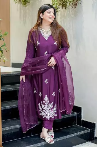 Purple color muslin partywear stitched suit