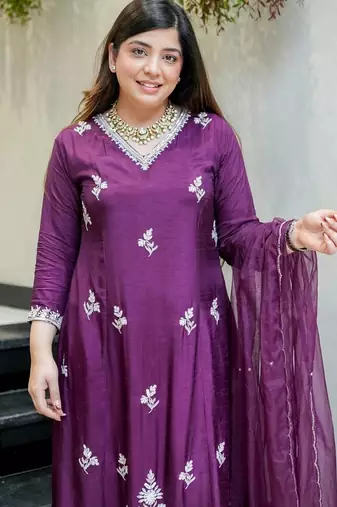 Purple color muslin partywear stitched suit