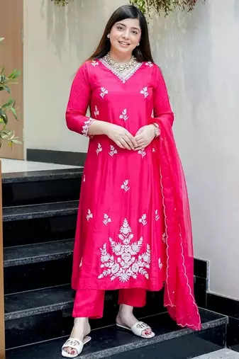 Pink color muslin partywear stitched suit