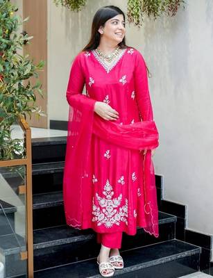 Pink color muslin partywear stitched suit 4