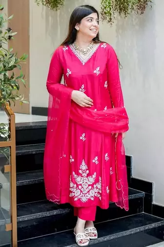 Pink color muslin partywear stitched suit