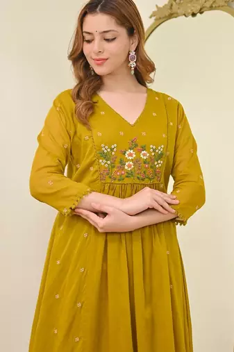 Mustard color mal chanderi partywear stitched suit