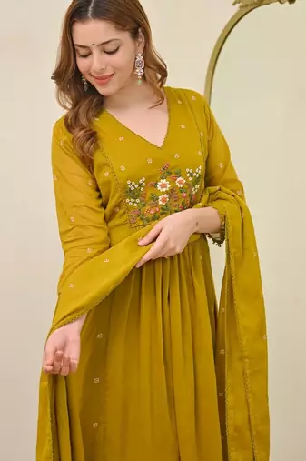 Mustard color mal chanderi partywear stitched suit