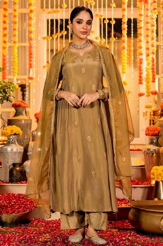 Brown color simmer chanderi fabric designer partywear stithed suit