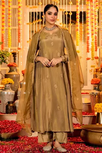 Brown color simmer chanderi fabric designer partywear stithed suit