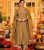 Brown color simmer chanderi fabric designer partywear stithed suit