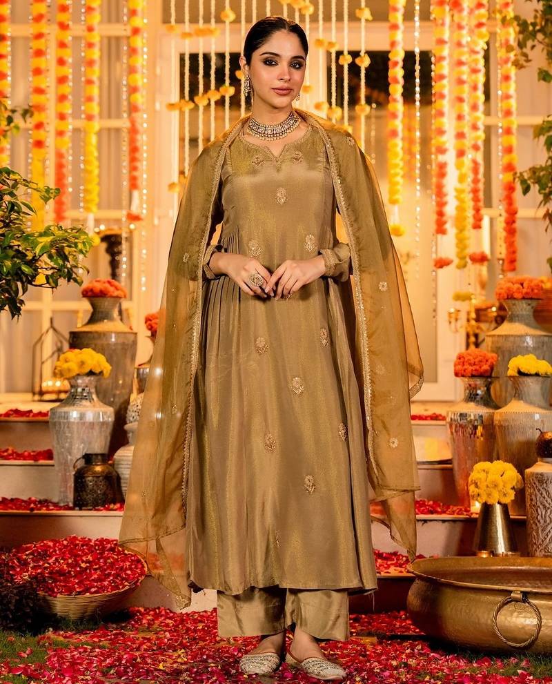 Brown color simmer chanderi fabric designer partywear stithed suit