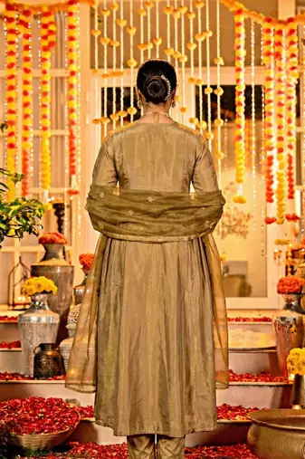 Brown color simmer chanderi partywear stitched suit